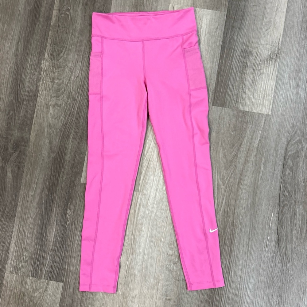 Nike Woman’s Dry Fit Leggings Pink High Rise Side Mesh Pockets Large Gym Run
